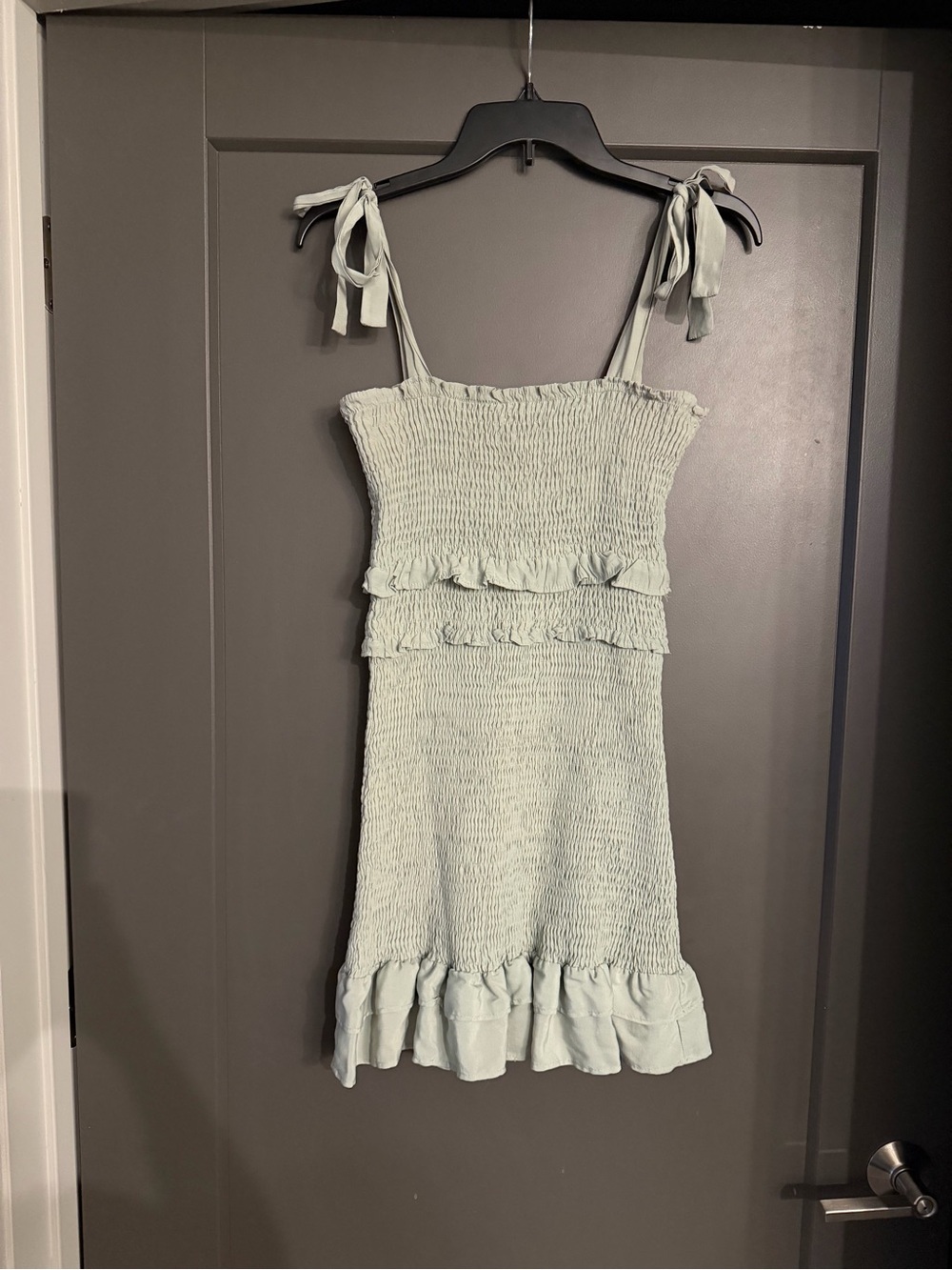 Smocked Tie-Shoulder Ruffle Mini Dress in Sage size Medium